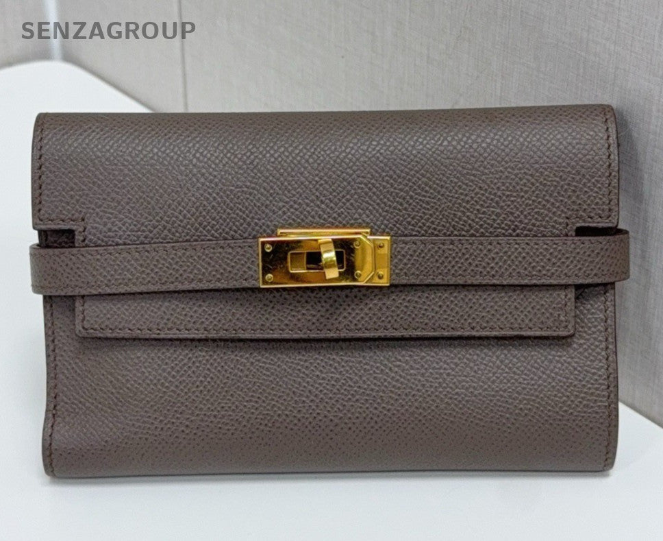 Hermes Kelly Medium Wallet Togo Leather Gray Gold Women Classic Fashion