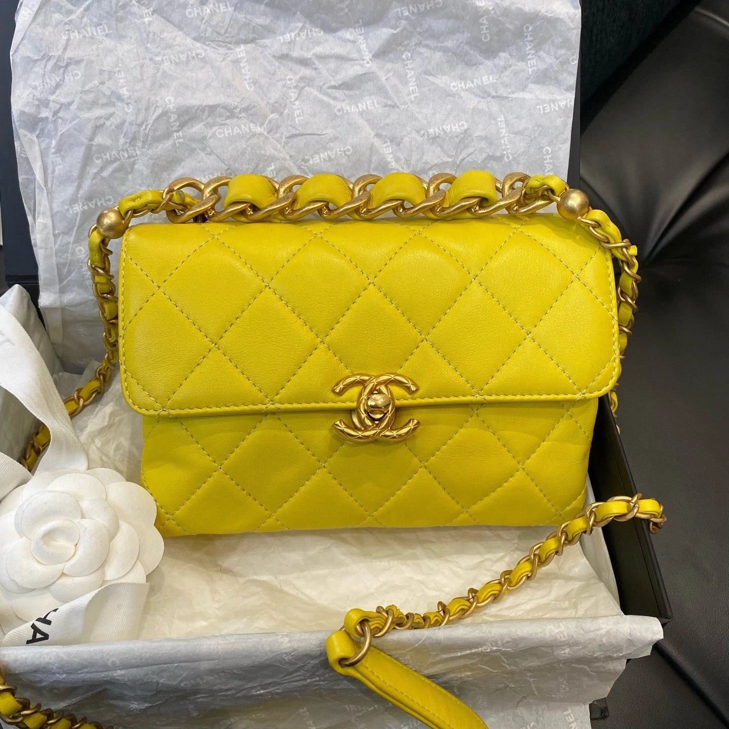 Chanel Calfskin Chain Top Handle Crossbody Diamond Yellow Gold Women Classic
