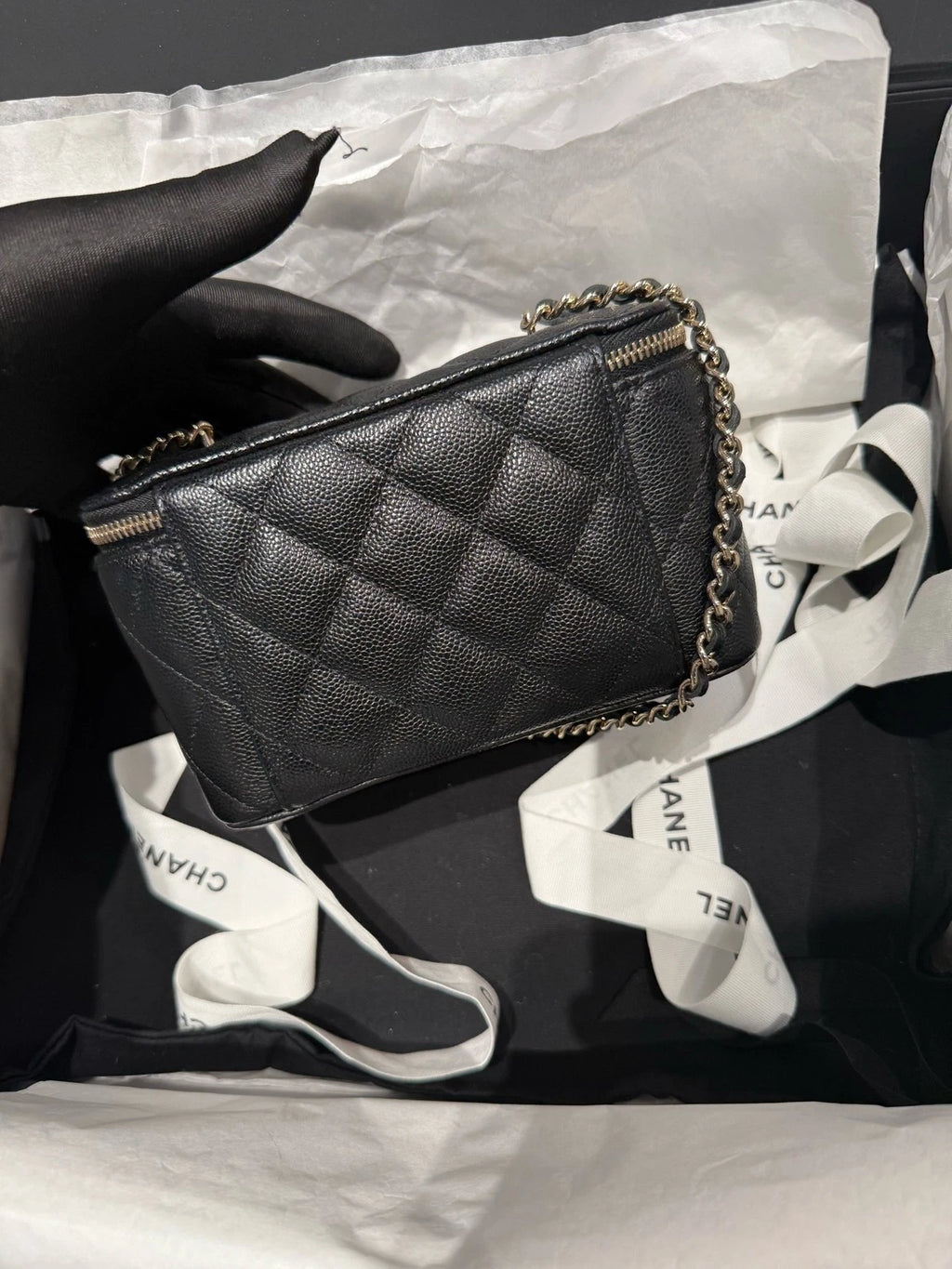 Chanel Vanity Leather Black Gold Shoulder Bag Excellent