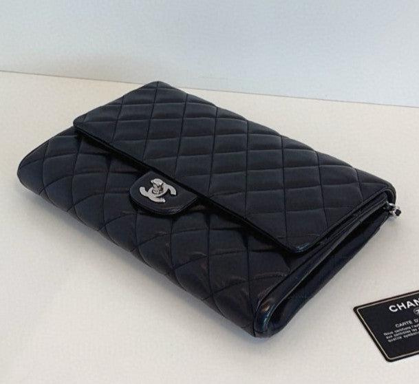 Chanel Timeless Chain Lambskin Shoulder Bag Black Silver Diamond Women Classic