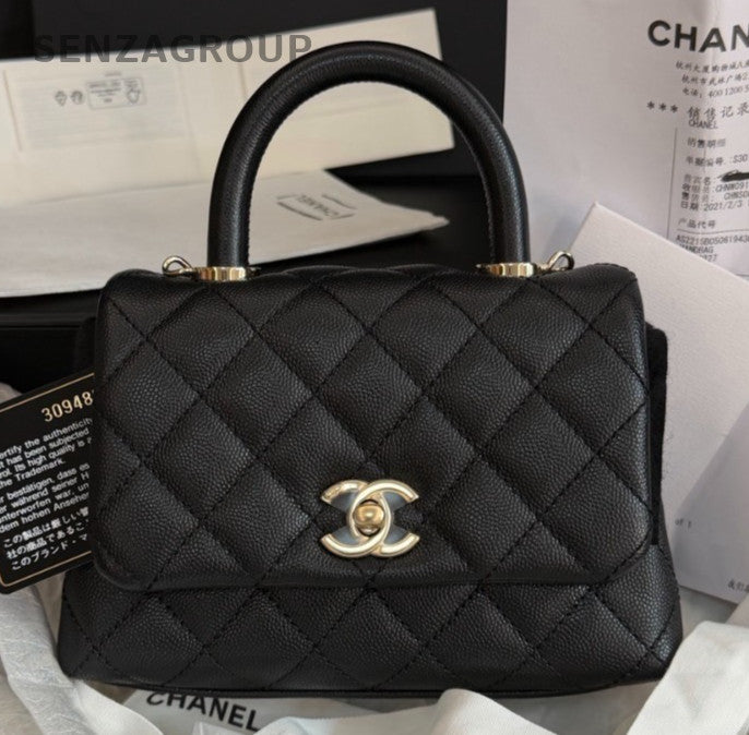 Chanel Cocohandle Mini Diamond Top Handle Bag Chain Crossbody Black Gold Women