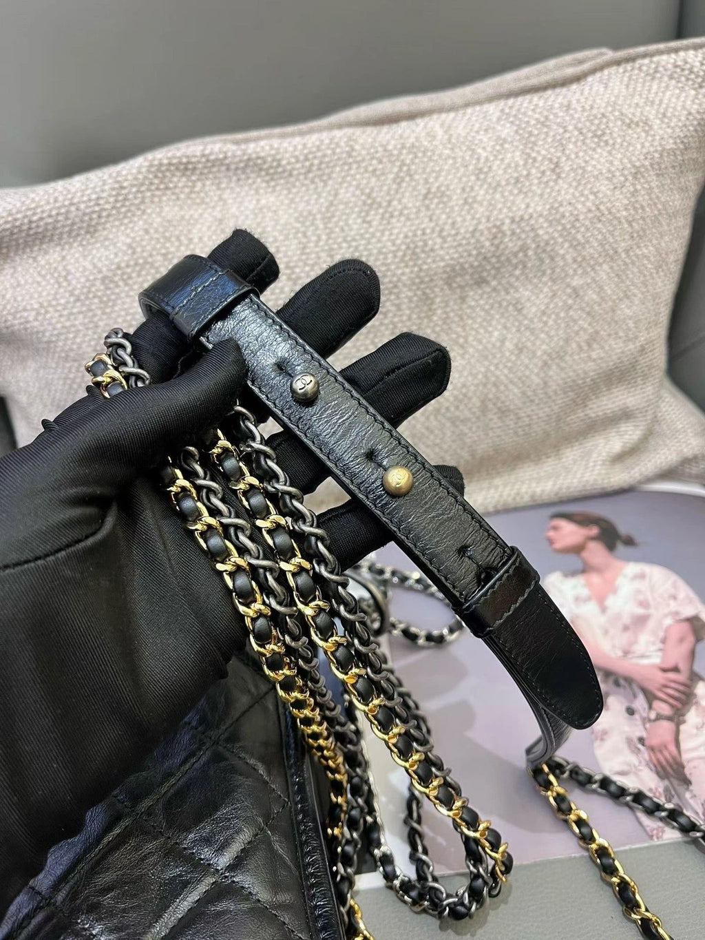 Chanel Gabrielle PM Chain Shoulder Bag Crossbody Black Gold Women Classic