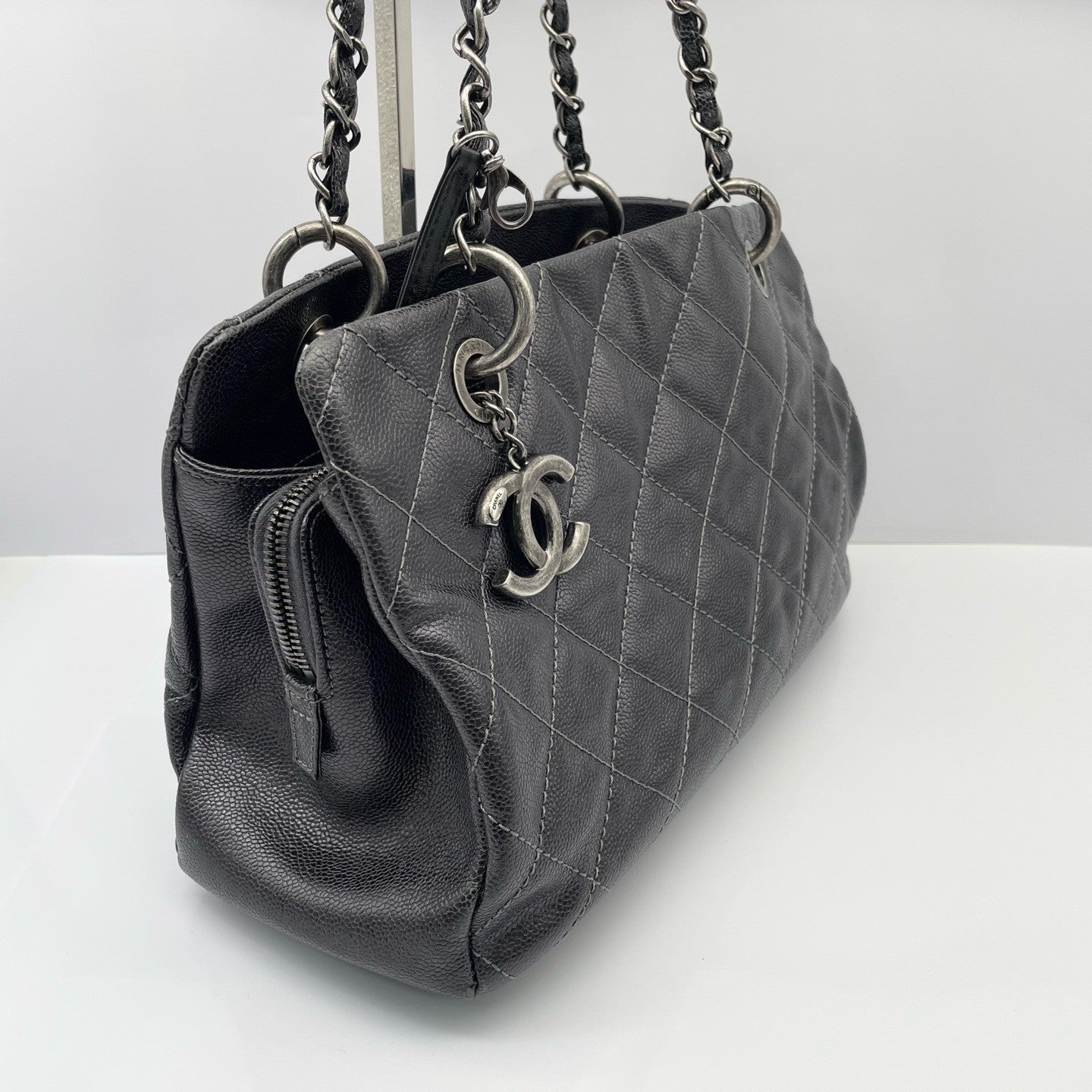 Chanel Tote Diamond Chain Shoulder Bag Black Silver Women Classic