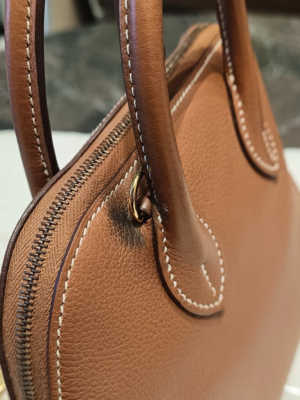 Hermes Bolide Mini Evercolor Leather Top Handle Crossbody Brown Gold Women