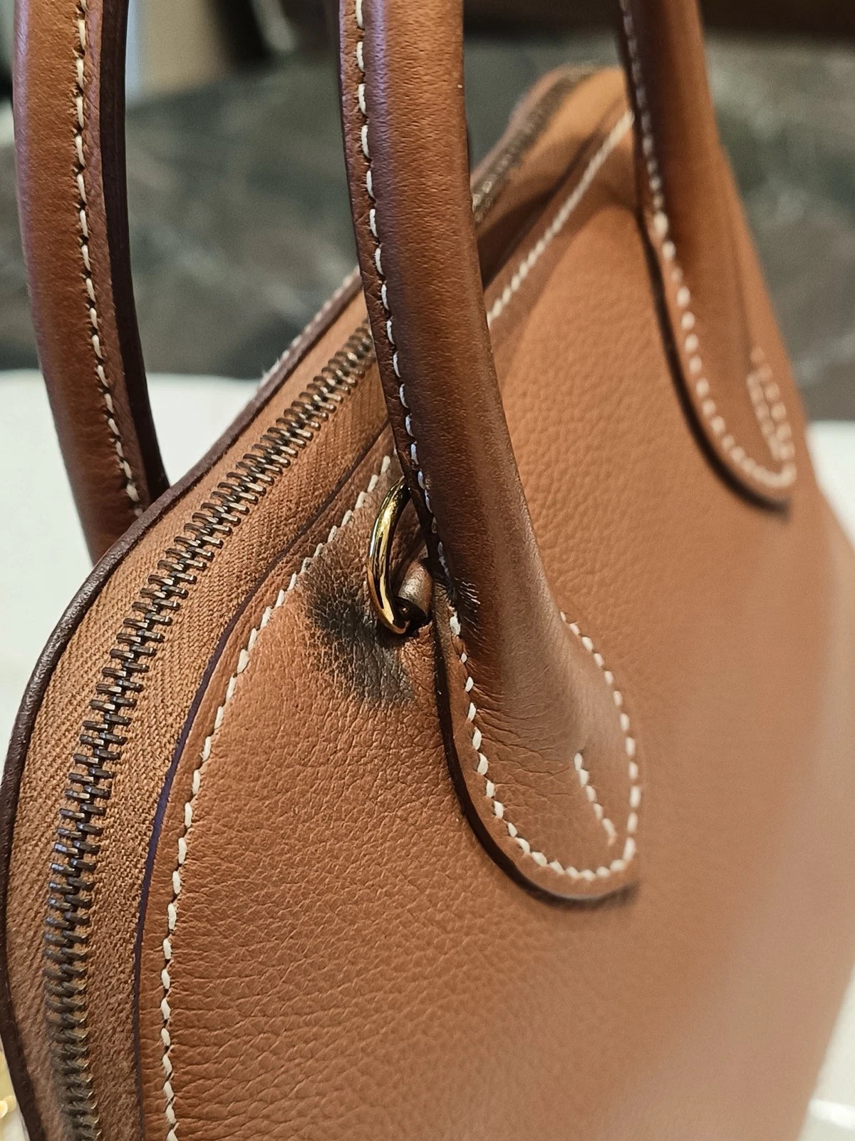 Hermes Bolide Mini Evercolor Leather Top Handle Crossbody Brown Gold Women