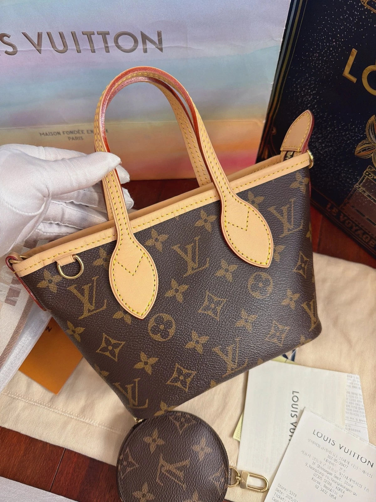 Excellent Louis Vuitton Neverfull BB Monogram Beige Strap Handbag Crossbody