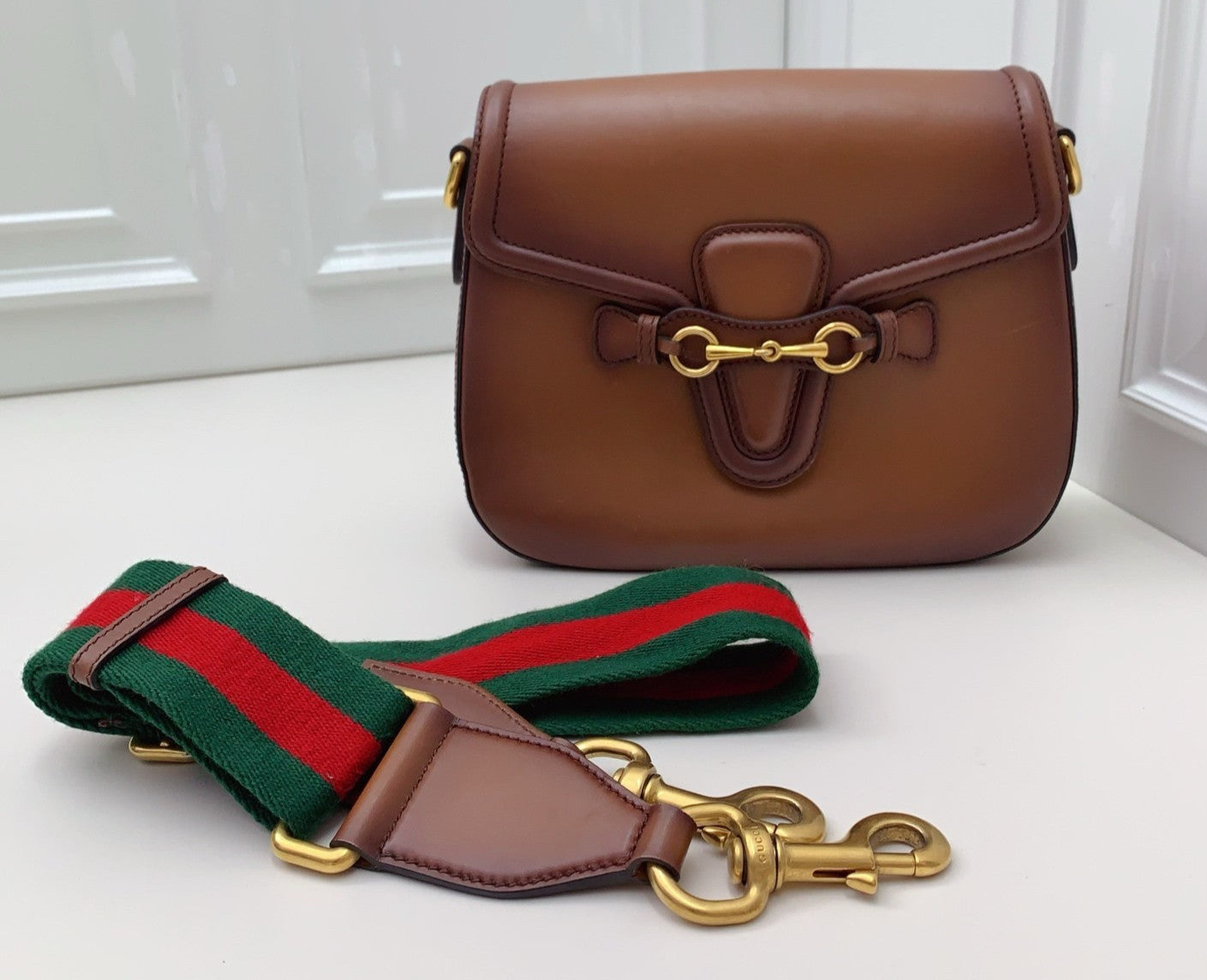 GUCCI Lady web Saddle caramel color Shoulder bag Brown Gold