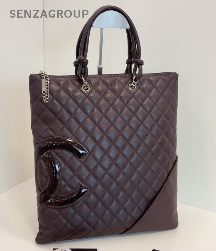 Chanel Cambon CC Logo Top Handle Bag Brown Red Silver Women Classic Diamond