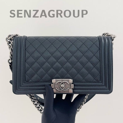 Chanel Black Silver Quilted Le Boy Medium Chain Shoulder Bag Classic
