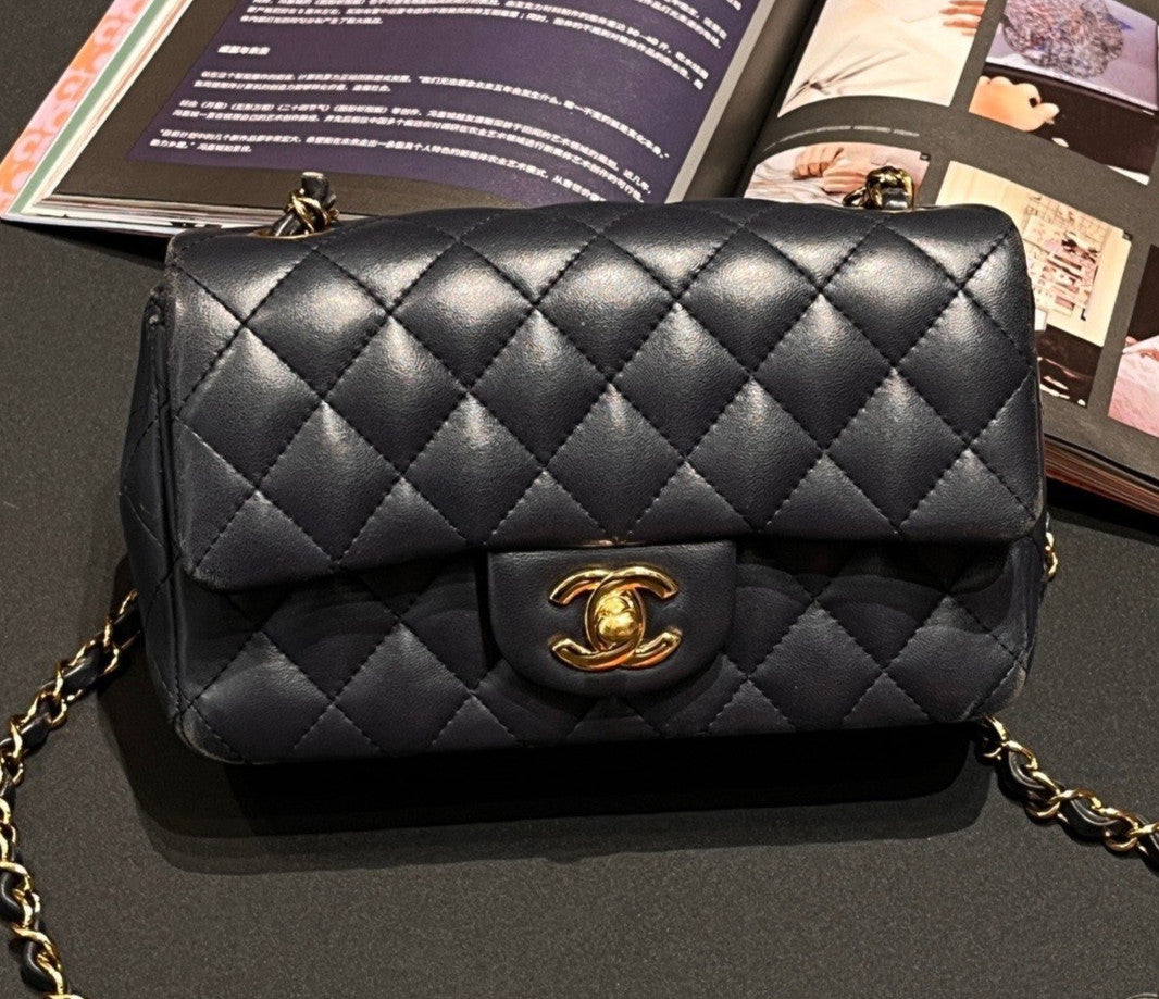 Chanel Classic Flap Mini Lambskin Chain Shoulder Bag Navy Gold Women Diamond