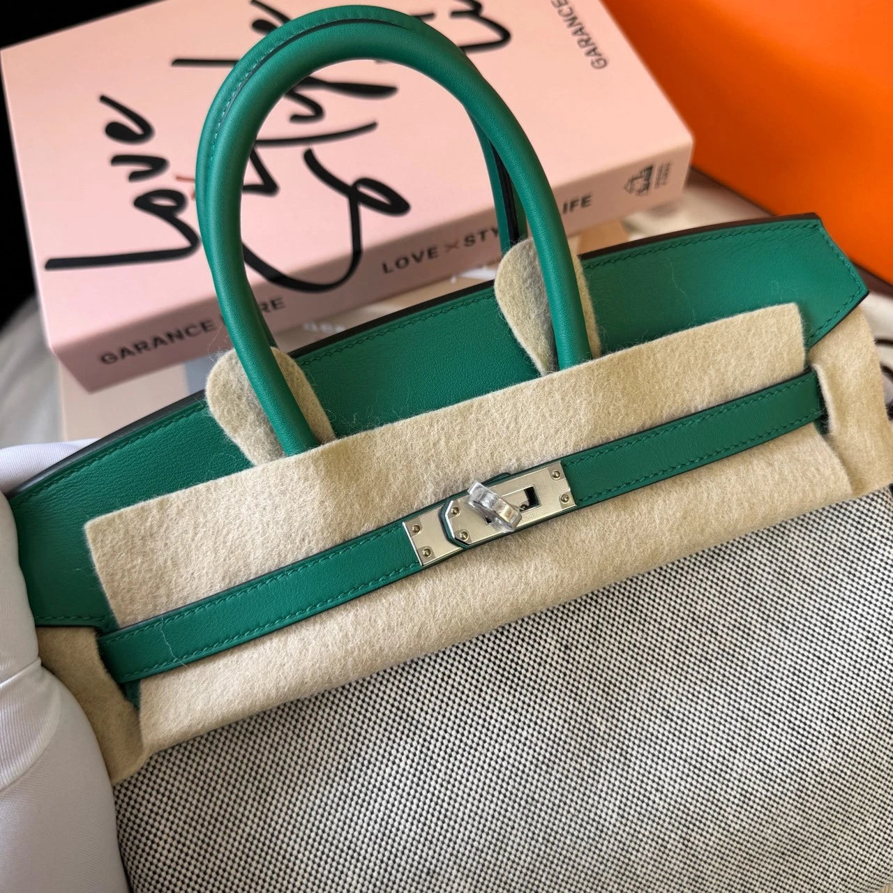 Hermes Birkin25 Canvas Green Silver Handbag For Women