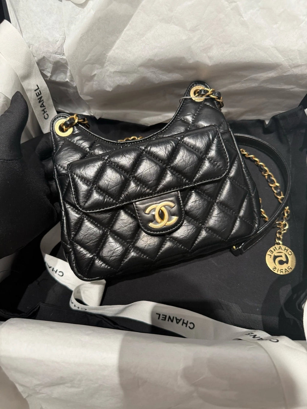 CHANEL Mini Black Gold Hobo Shoulder Bag For Women