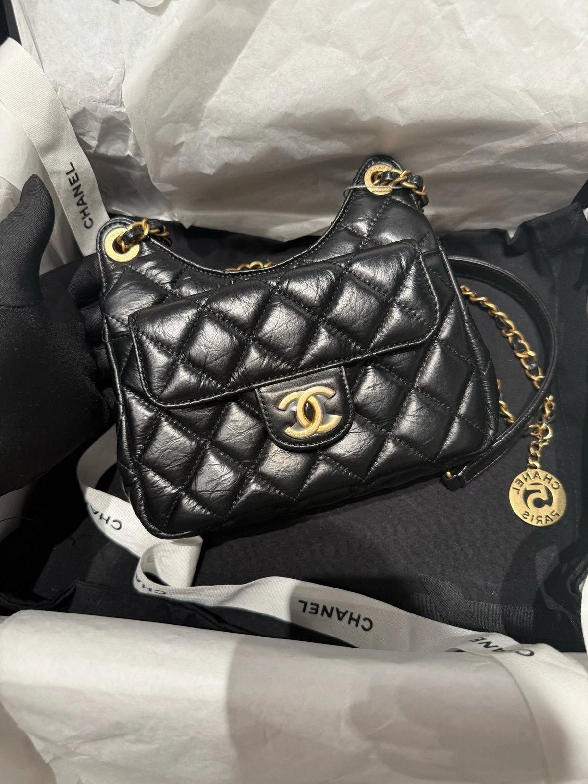 CHANEL Mini Black Gold Hobo Shoulder Bag For Women
