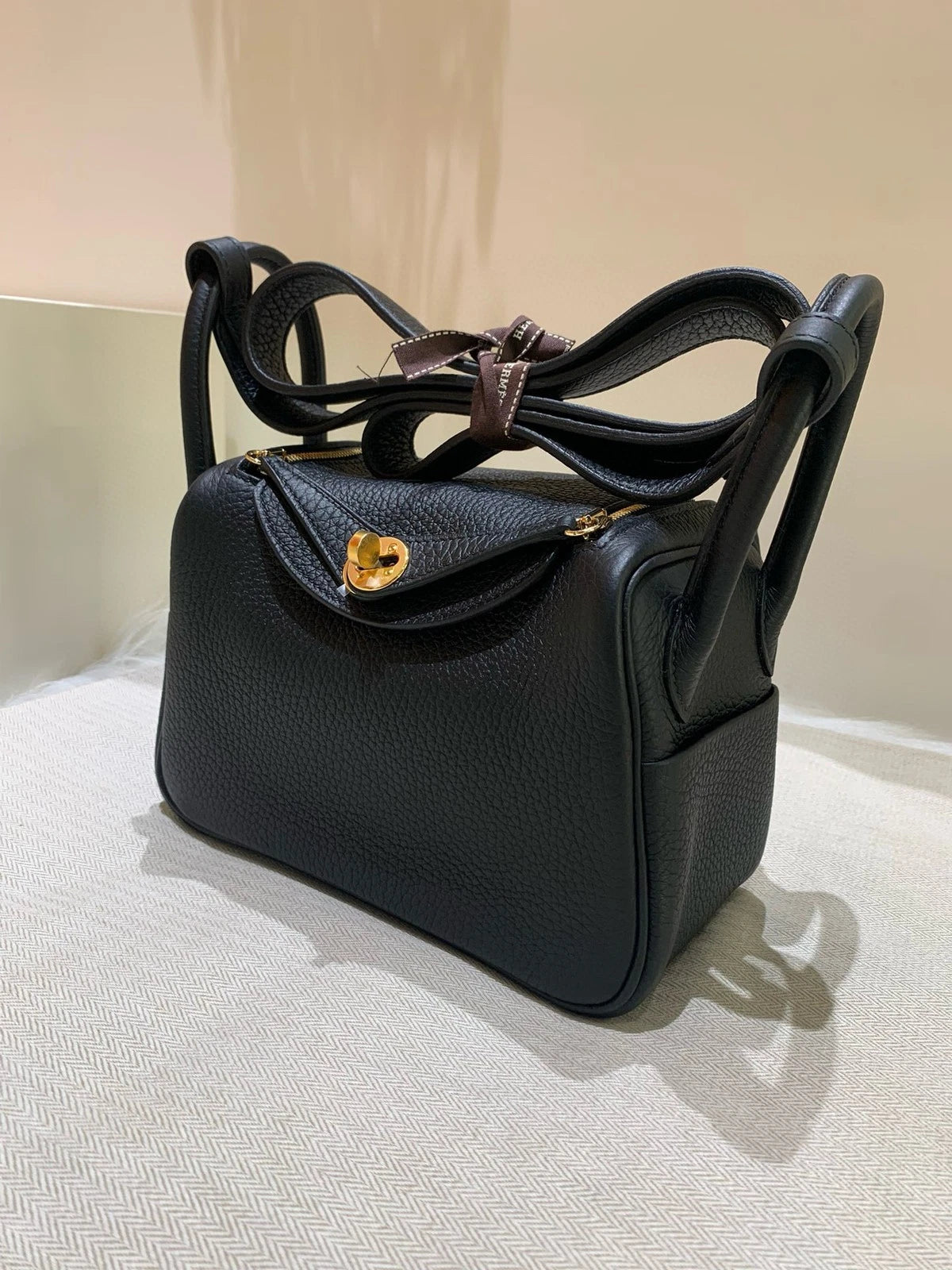 Hermes Mini Lindy Black Gold TC Leather Top Handle Bag For Women