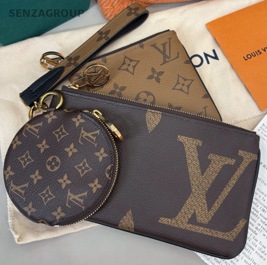 Louis Vuitton Monogram Trio Clutch Brown Gold Women Classic