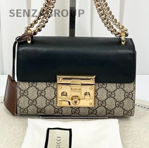 GUCCI Padlock GG Monogram Chain Strap Shoulder bag Crossbody Women Black
