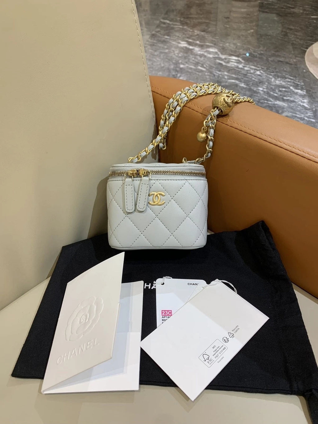CHANEL Light Gray Gold Ball Mini Box Bag For Women