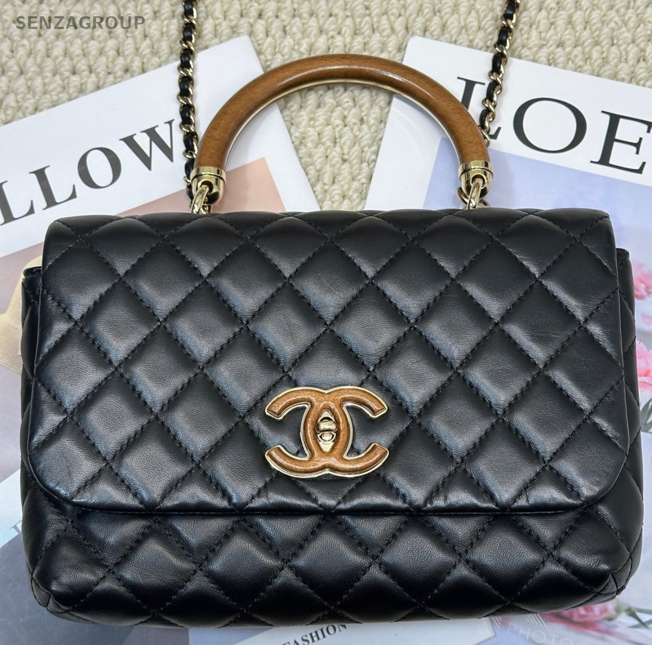 Chanel CC Logo Wooden Handle Bag Chain Crossbody Black Gold Used Women Designer