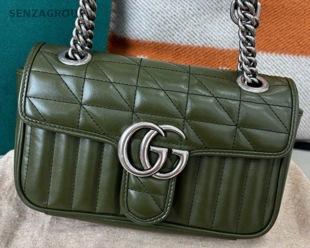 Gucci Marmont22 Chain Shoulder Bag Green Silver Used Women Classic Fashion