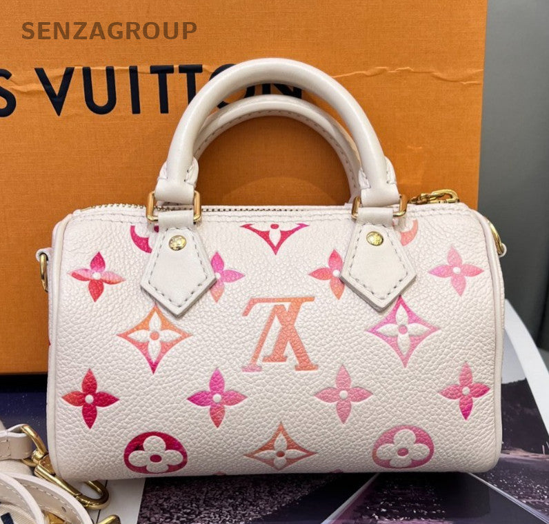 Louis Vuitton Speedy Nano Monogram Top Handle Bag Crossbody White Gold Women