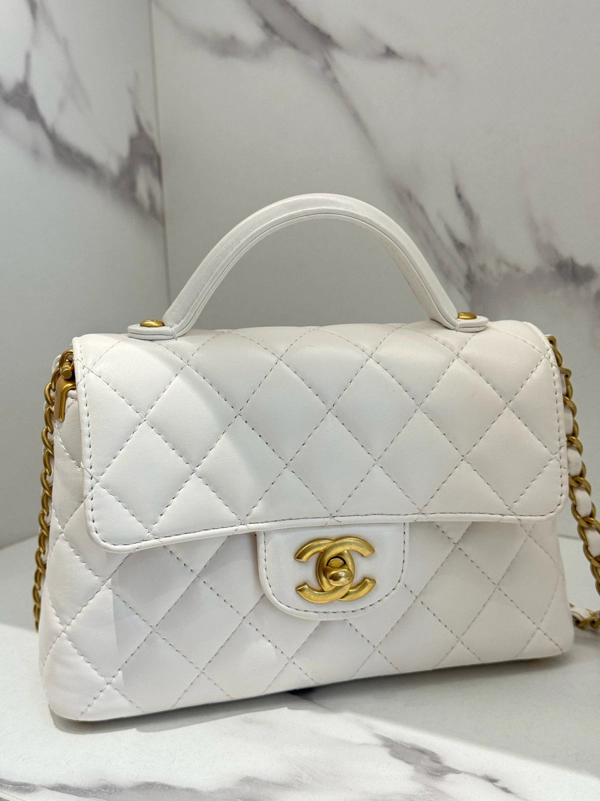 CHANEL Kelly Small Lambskin Flap Top Handle Bag White Gold Women