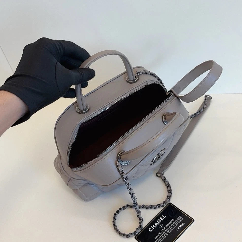 Authentic Chanel Bowling PM Chain Oil Wax Top Handle Shoulder Bag Grey SHD