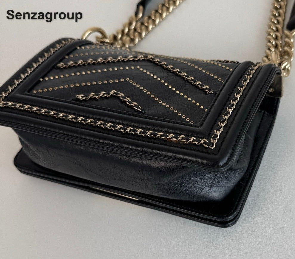 Chanel Leboy PM Calfskin Chain Shoulder Bag Black Gold Women Classic Fashion