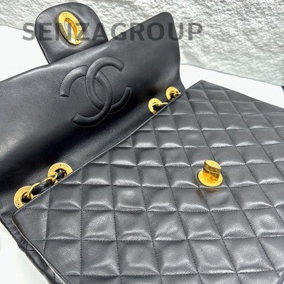 Chanel Vintage Black Gold Chain Shoulder Bag Quilted Pattern Women