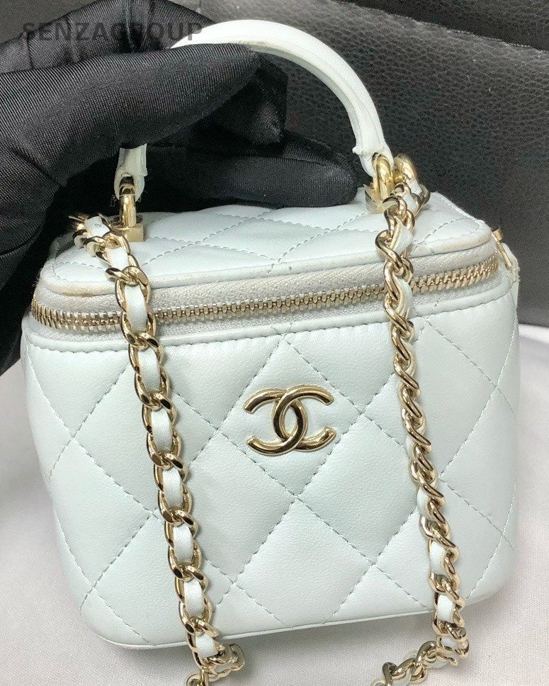 Chanel Diamond Chain Crossbody Shoulder Bag White Gold Women Classic