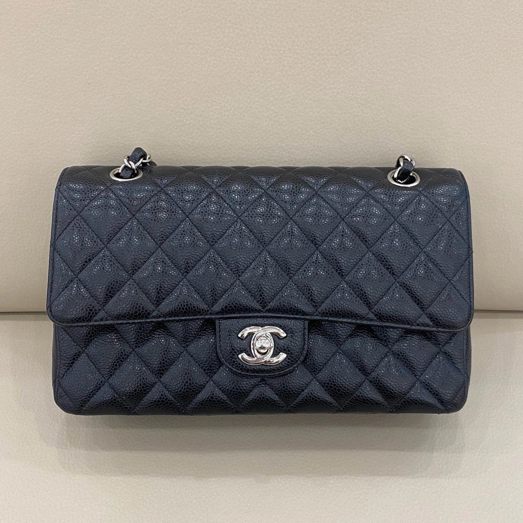 Chanel Classic Flap MM Calfskin Chain Shoulder Crossbody Black Silver Women