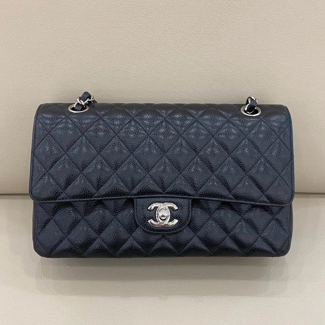 Chanel Classic Flap MM Calfskin Chain Shoulder Crossbody Black Silver Women