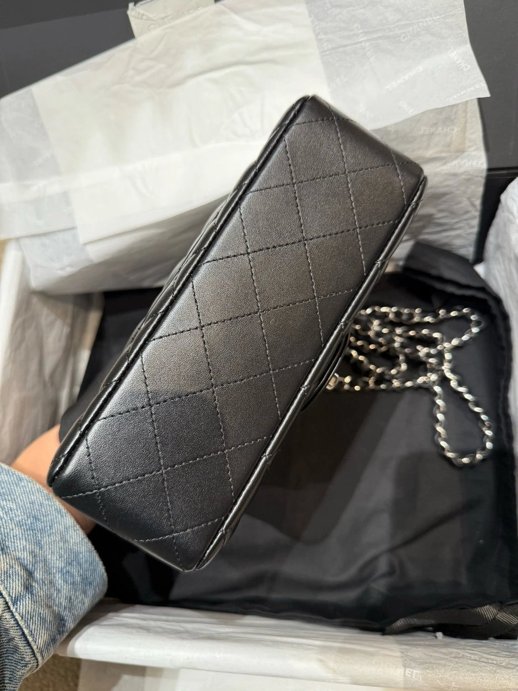 CHANEL Large Mini Lamskin Black Silver Crossbody Bag For Women