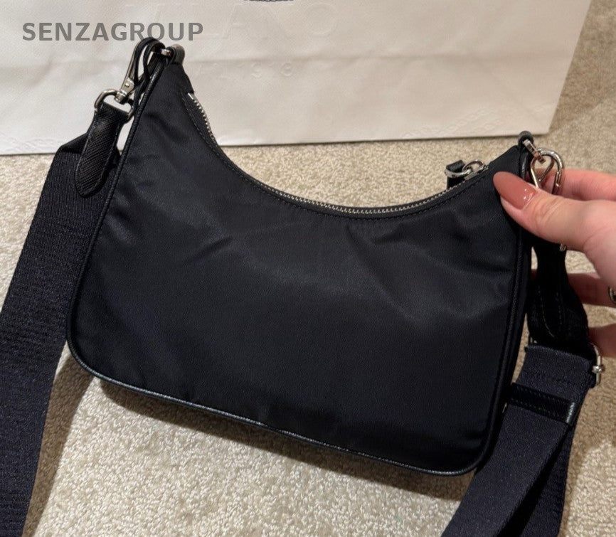 Prada Nylon Hobo Shoulder Bag Crossbody Black Silver Women Classic