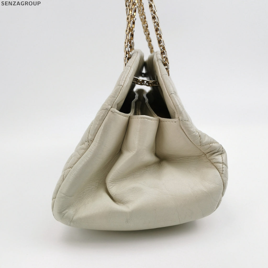 Chanel Bowling Quilted Leather Chain Shoulder Bag - Silver White Classic