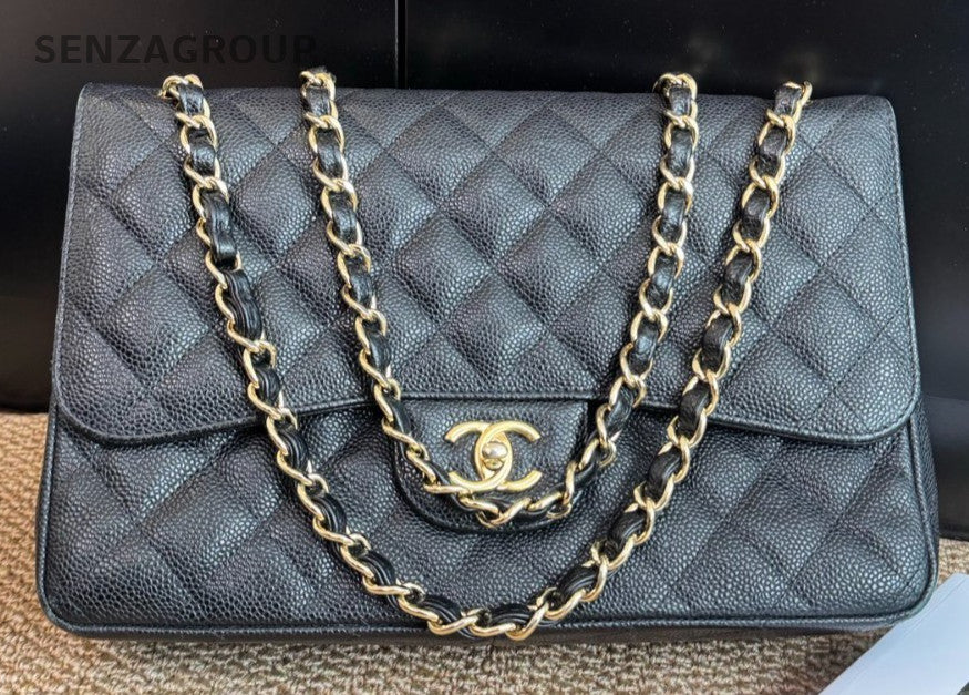 Chanel Classic Flap Jumbo Calfskin Chain Shoulder Bag Black Gold Women Diamond