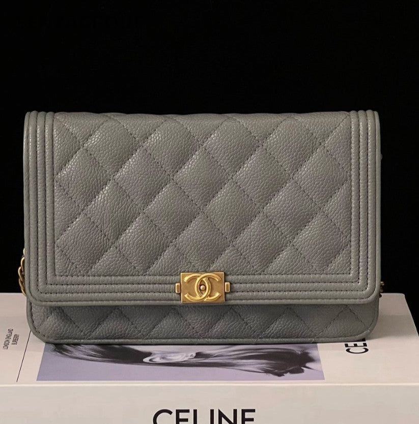 CHANEL Leboy Woc Diamond Pattern Calfskin Chain Shoulder bag Gray Gold Women