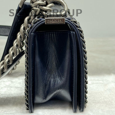 Chanel Le Boy Small Navy Blue Silver Hardware Quilted Chain Shoulder Bag