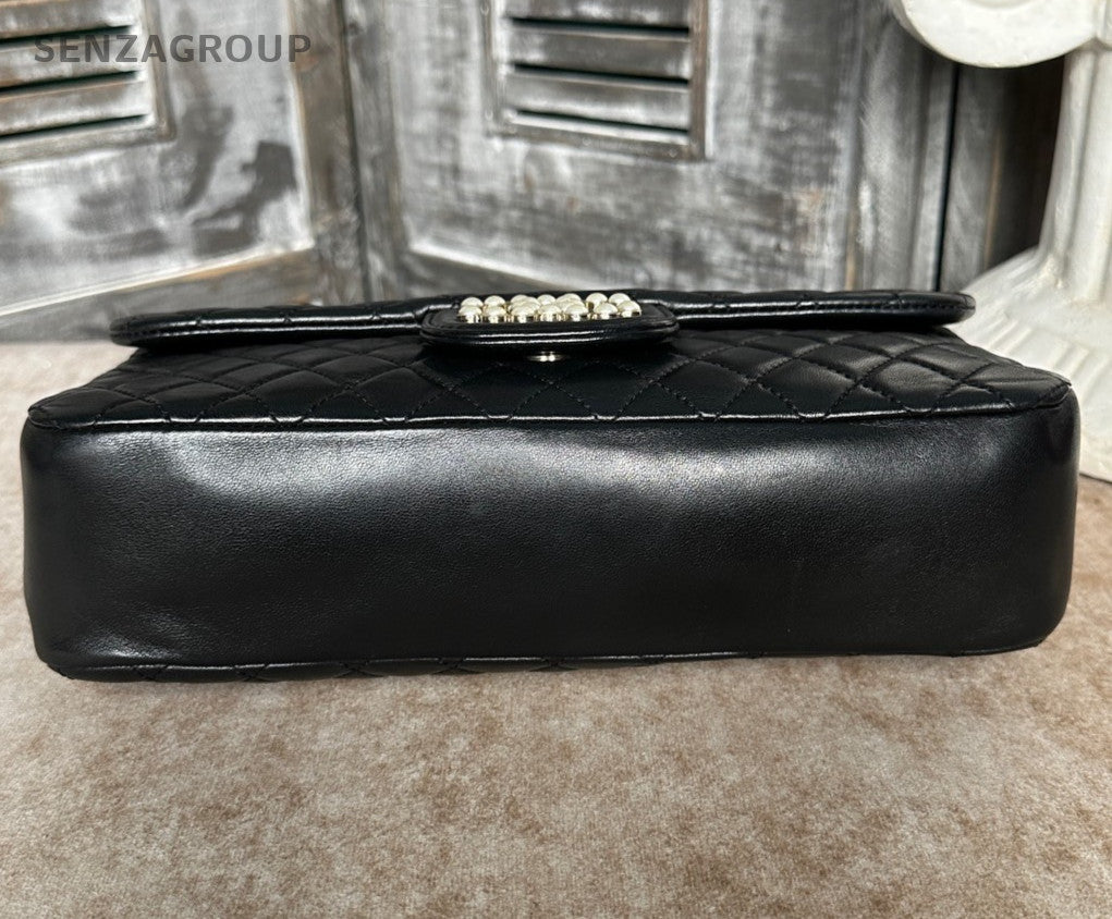 Chanel Classic Flap Lambskin Pearl Chain Shoulder Bag Black Gold Diamond Women