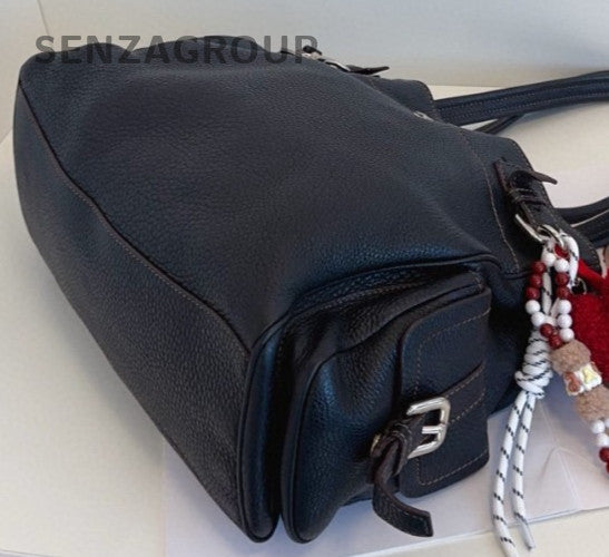 Prada Calfskin Tote Shoulder Bag Black Silver Used Women Classic