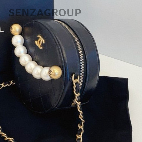 Chanel Pearl Round Bag Chain 2Way Shoulder Bag Black Gold Used Women Designer