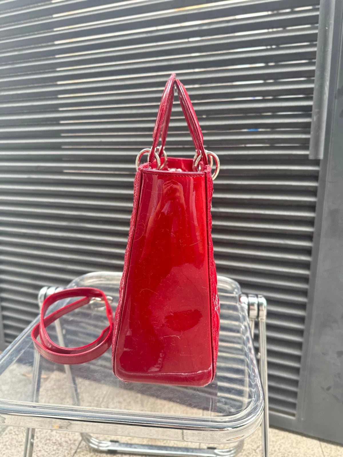 Dior Lady Dior Leather Red Top Handle Excellent