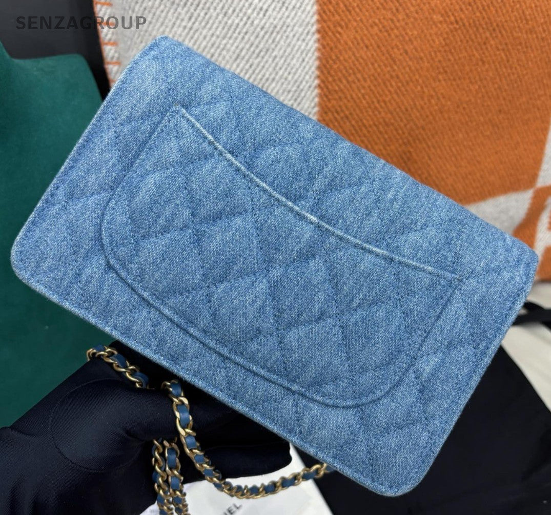 Chanel WOC Denim Chain Shoulder Bag Crossbody Diamond Blue Gold Women Classic