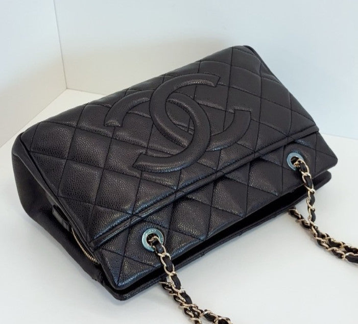 Chanel Calfskin PM Tote Chain Shoulder Bag Black Gold Women Classic Diamond