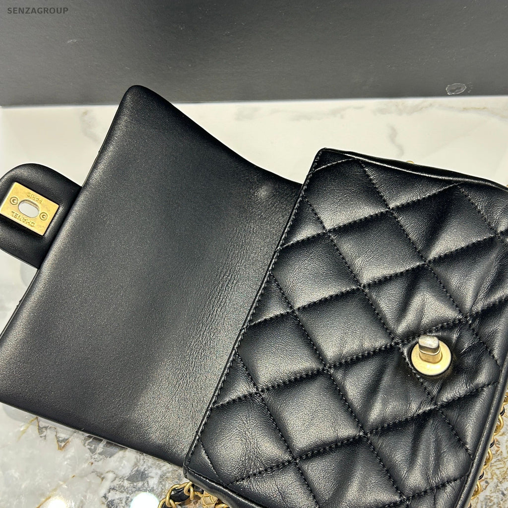 Chanel 23B Black Gold Chain Flap Bag Lamb Leather Classic Women Shoulder Bag