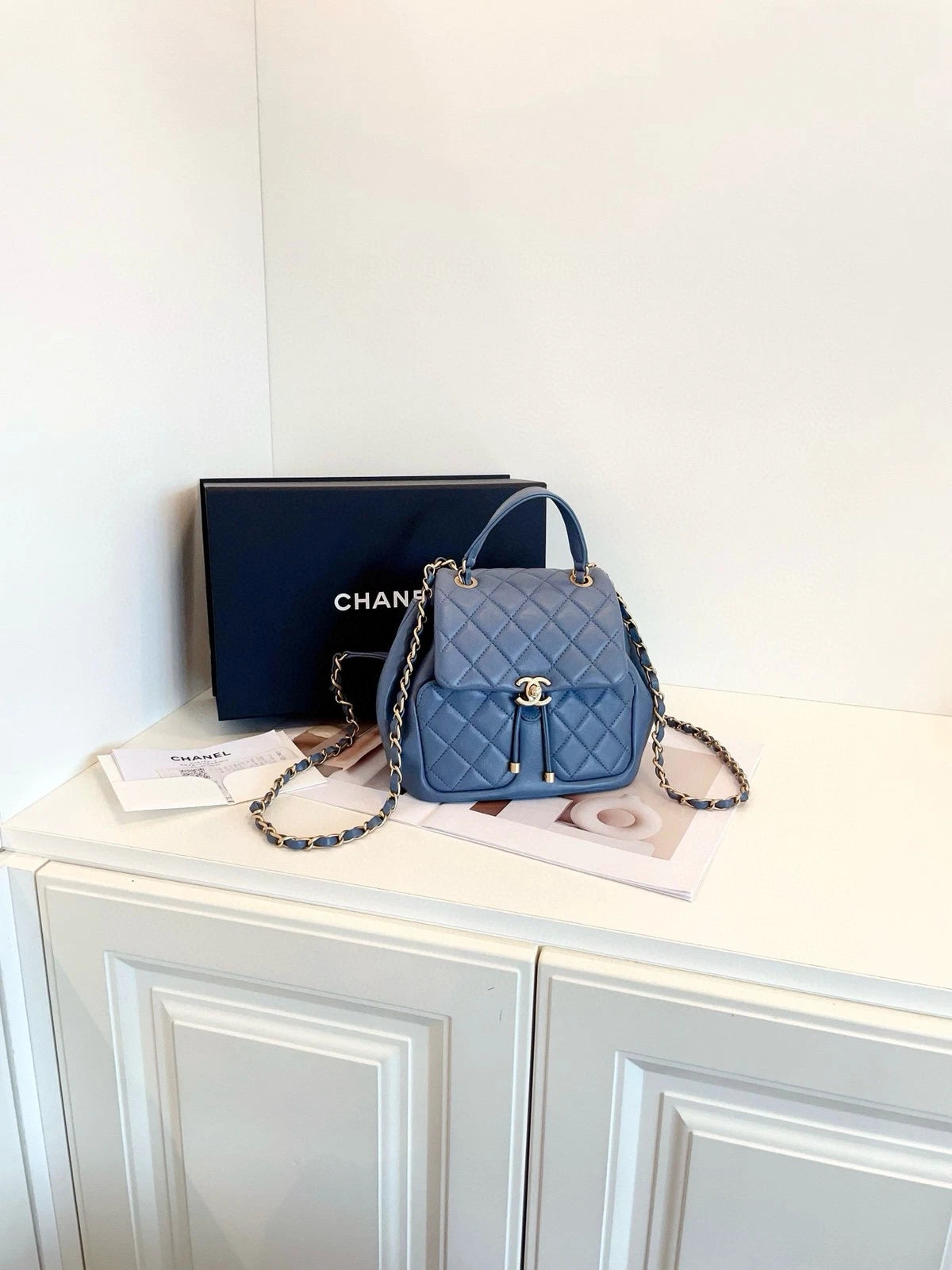 CHANEL Dusty Blue Gold Chain Backpack For Women