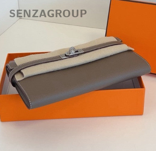 Hermes kelly Epsom Leather long Wallet Crossbody Gray Silver Women Classic