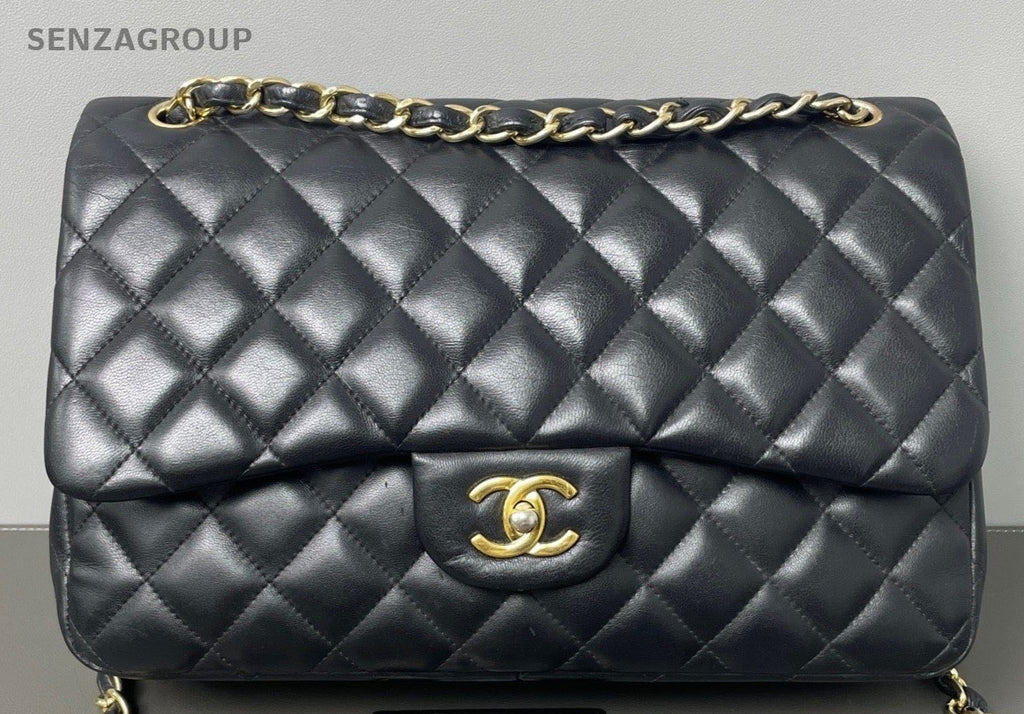 Chanel Classic Flap Jumbo Chain Shoulder Bag Crossbody Black Gold Women