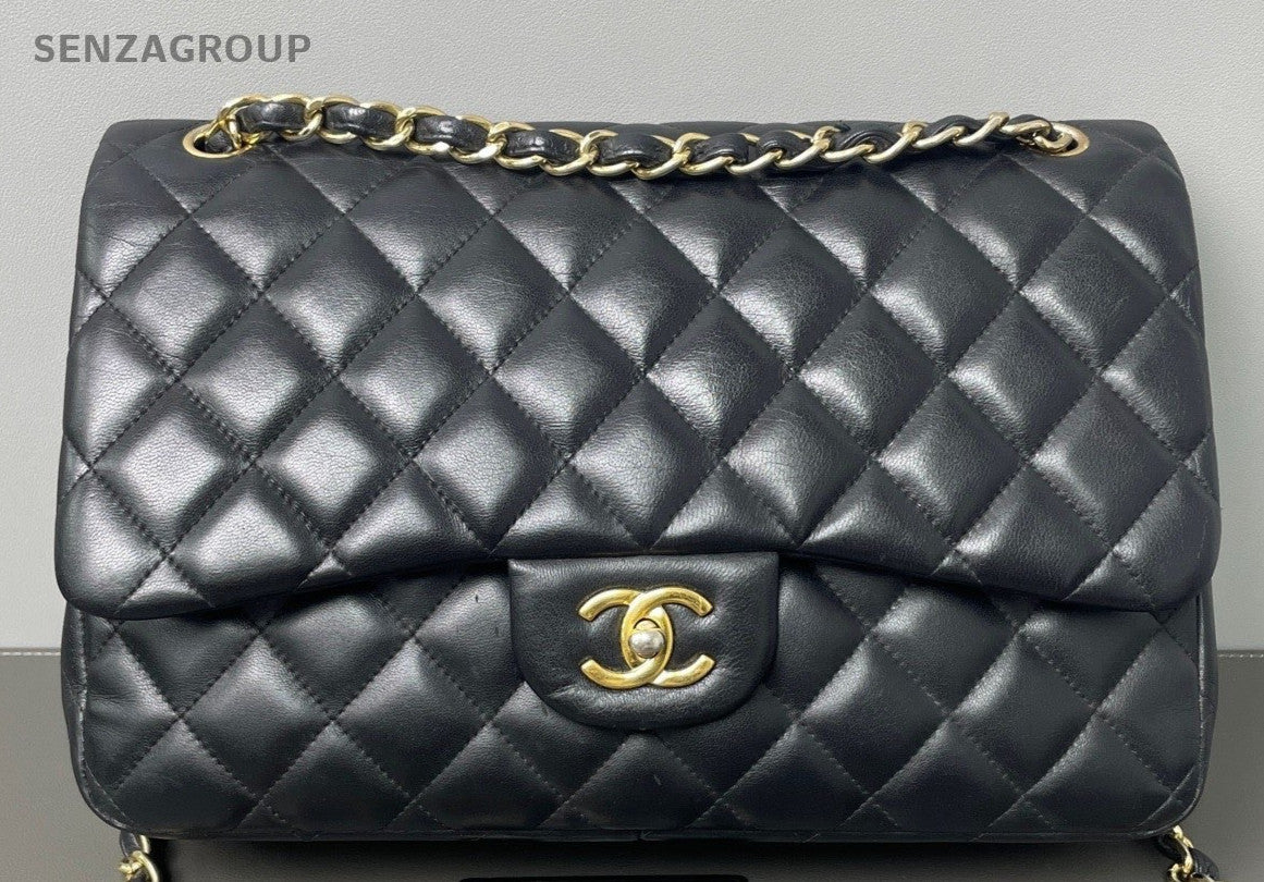 Chanel Classic Flap Jumbo Chain Shoulder Bag Crossbody Black Gold Women