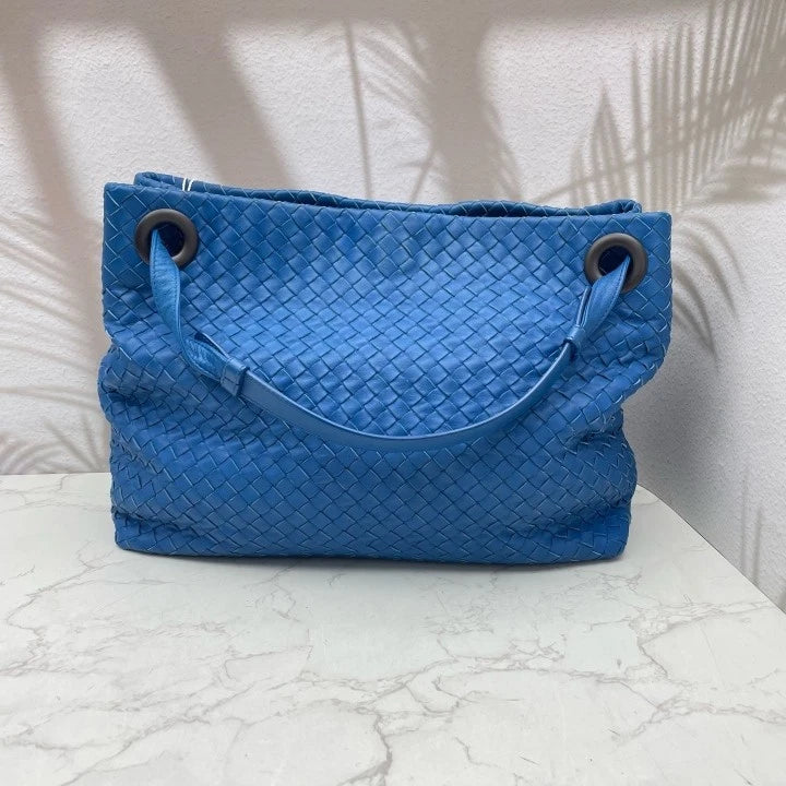 Authentic Bottega Veneta Blue Lamskin Woven Shoulder Handbag For Women