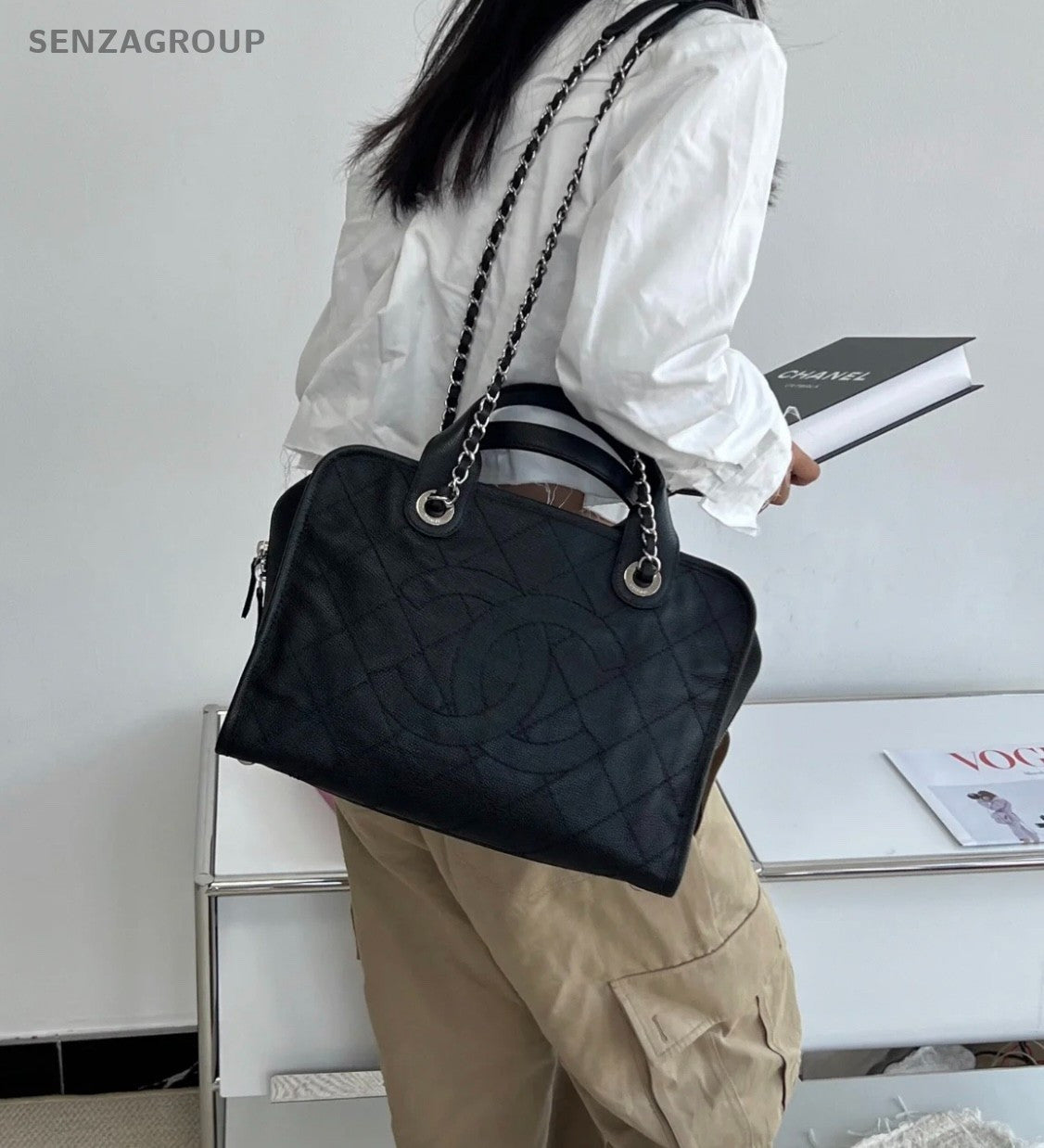 CHANEL Bowling caviar Chain Top Handle Shoulder bag Women Lake Green
